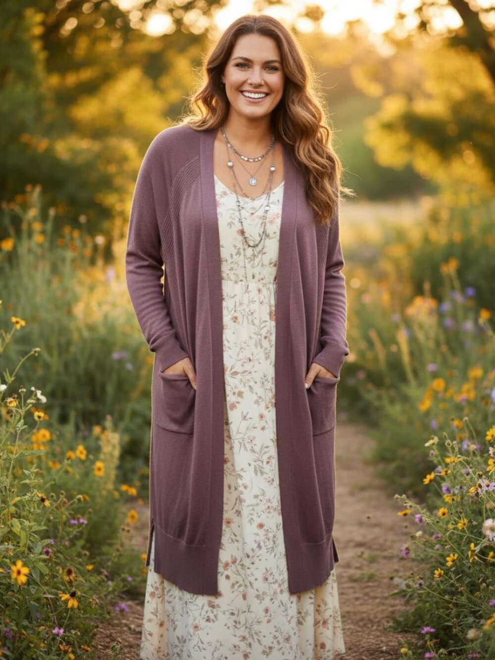 Ava Viv 0X XL‎ Cardigan Sweater Taupe Mauve Pockets Duster Longline Boho Comfy